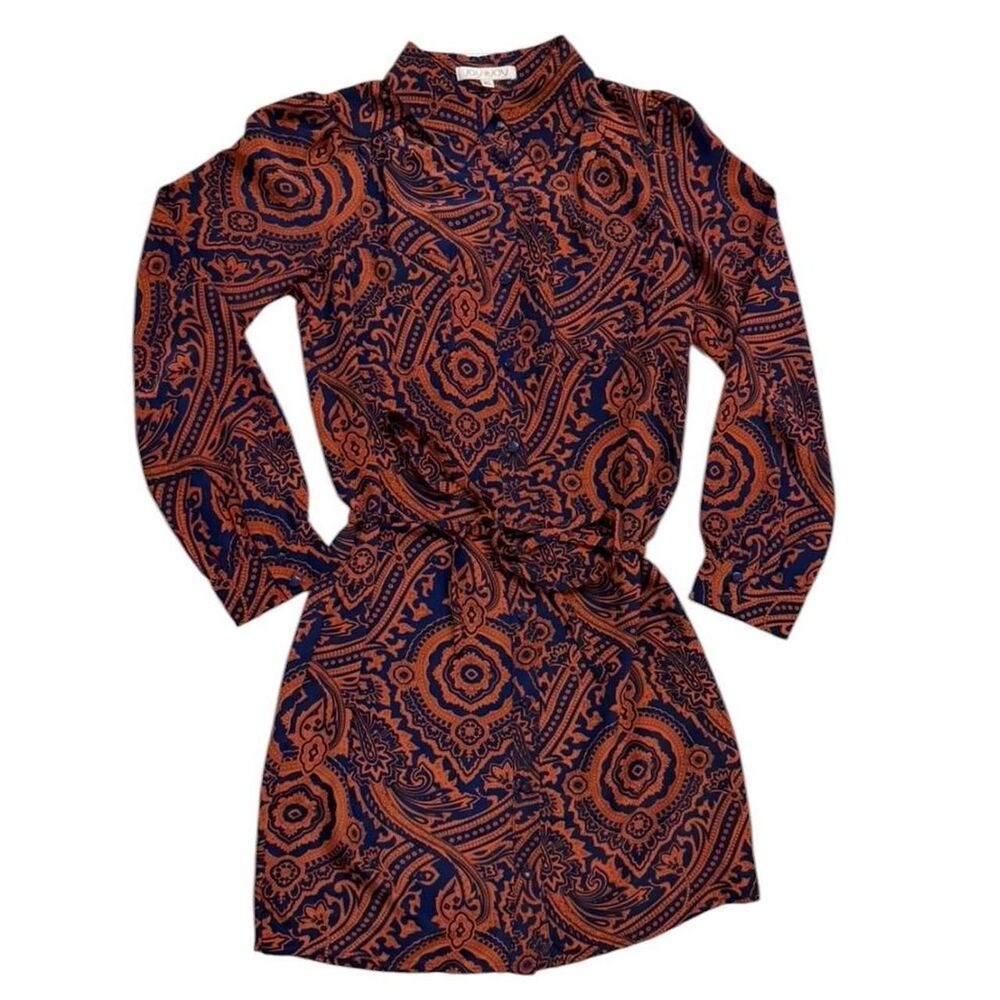 Joy Joy Orange and navy paisley print long sleeve mini dress with tie waist